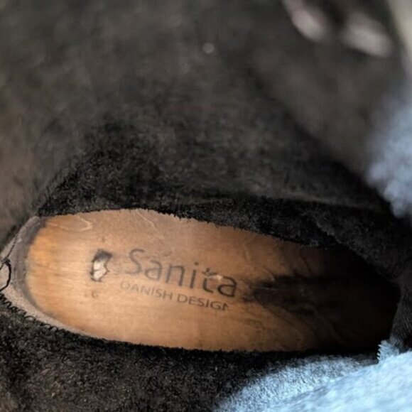 Sanita Black Suede Pattern Mid Calf Wooden Clog Heel Boots Women Size 37 - Picture 2 of 11